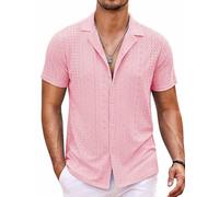 COOFANDY Mens Beach Shirt Short Sleeve Button Down Shirts Casual Cuban Collared Summer Vacation Tropical Shirts, Pink, Large