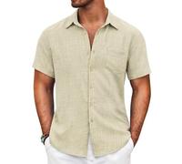 COOFANDY Mens Button Down Short Sleeve Shirt Casual Shirts Summer Beach Textured Shirts with Pocket, Dark Khaki, Medium