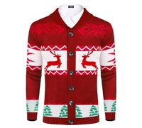 COOFANDY Men's Cardigan Christmas Sweater Knitted Sweater Reindeer Norwegian Ugly Sweater with Shawl Collar Red XL