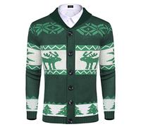 COOFANDY Men's Cardigan Christmas Sweater Knitted Sweater Reindeer Norwegian Ugly Sweater with Shawl Collar Green S