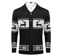COOFANDY Men's Cardigan Christmas Sweater Knitted Sweater Reindeer Norwegian Ugly Sweater with Shawl Collar Black XL