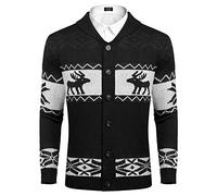 COOFANDY Men's Cardigan Christmas Sweater Knitted Sweater Reindeer Norwegian Ugly Sweater with Shawl Collar Black L