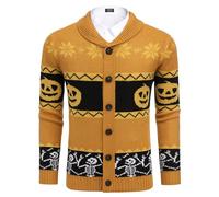 COOFANDY Men's Cardigan Christmas Sweater Knitted Sweater Reindeer Norwegian Ugly Sweater with Shawl Collar Pumpkin Color L