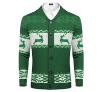COOFANDY Men's Cardigan Christmas Sweater Knitted Sweater Reindeer Norwegian Ugly Sweater with Shawl Collar A-Green M
