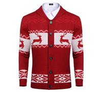 COOFANDY Men's Cardigan Christmas Sweater Knitted Sweater Reindeer Norwegian Ugly Sweater with Shawl Collar A-Red L