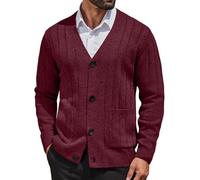 COOFANDY Men's Cardigan Sweater Cable Knit V Neck Button up Sweaters Ribbed Cardigan Sweater with Pockets, Wine Red, Large