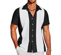 COOFANDY Men's Casual Vintage Bowling Shirt Short Sleeve Button Down Summer Beach Untucked Shirts, Black&white, Large