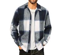 COOFANDY Men's Checked Shirts Long Sleeve Flannel Casual Cotton Button Down Western Cowboy Lumberjack Shirt Navy Blue & White L