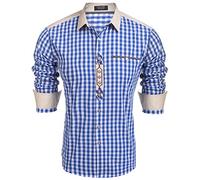 COOFANDY Men's Checkered Shirts Long Sleeve Trachten Oktoberfest Shirt Button Down Bavarian Shirt Cotton Country Shirts with Cuffs Blue M