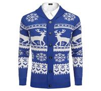 Coofandy Men's Christmas Cardigans Ugly Xmas Sweaters Reindeer Snowflake Shawl Collar Knitted Cardigan Sweater, Blue-White Snowflake Elk, XL