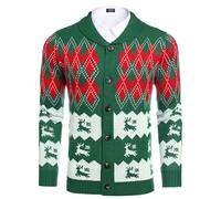 Coofandy Men's Christmas Cardigans Ugly Xmas Sweaters Reindeer Snowflake Shawl Collar Knitted Cardigan Sweater, Checkered Christmas Tree, Large