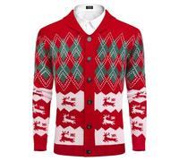 Coofandy Men's Christmas Cardigans Ugly Xmas Sweaters Reindeer Snowflake Shawl Collar Knitted Cardigan Sweater, Red Elk Green White, Large