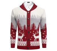 Coofandy Men's Christmas Cardigans Ugly Xmas Sweaters Reindeer Snowflake Shawl Collar Knitted Cardigan Sweater, Red-White-Gray, Small