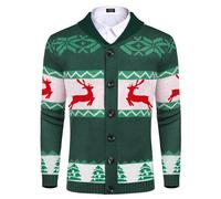 Coofandy Men's Christmas Cardigans Ugly Xmas Sweaters Reindeer Snowflake Shawl Collar Knitted Cardigan Sweater, A - Green - B, Large
