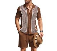 COOFANDY Men's Clothes 2 Piece Outfit Vintage Short Sleeve Button Down Knit Polo Shirts Casual Beach Shorts Sets, Brown, XX-L