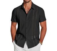 COOFANDY Men's Cuban Guayabera Shirt Short Sleeve Button Down Shirts Casual Summer Beach Linen Shirts, Black, XXL