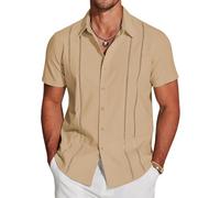 COOFANDY Men's Cuban Guayabera Shirt Short Sleeve Button Down Shirts Casual Summer Beach Linen Shirts, Light Tan, XXL