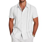Coofandy Men's Cuban Guayabera Shirt Short Sleeve Button Down Shirts Casual Summer Beach Linen Shirts, A-White, Large
