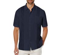 COOFANDY Mens Cuban Guayabera Shirt Short Sleeve Linen Button Down Shirts Casual Summer Beach Tops, Navy Blue, Large