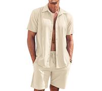 COOFANDY Men's Cuban Shirts and Short Sets 2 Piece Hawaiian Vacation Short Sets Outfits, Khaki, XX-L