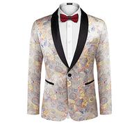 Coofandy Men's Floral Dress Suit Luxury Embroidered Wedding Blazer Dinner Tuxedo Jacket for Party, Luxury-Silver, M