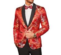 COOFANDY Men's Floral Dress Suit Luxury Embroidered Wedding Blazer Dinner Tuxedo Jacket for Party, Red, XL