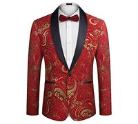 COOFANDY Men's Floral Tuxedo Jacket Luxury Embroidered Suit Wedding Blazer Dinner Tuxedo for Party, Red, Medium