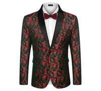 COOFANDY Mens Floral Tuxedo Jacket Paisley Shawl Lapel Suit Blazer Jacket for Dinner,Prom,Wedding, Christmas Red Green, XXL