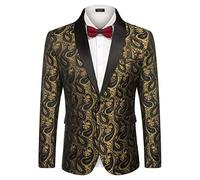 Coofandy Mens Floral Tuxedo Jacket Paisley Shawl Lapel Suit Blazer Jacket for Dinner,Prom,Wedding, Golden, M