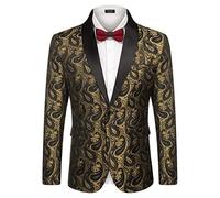 Coofandy Mens Floral Tuxedo Jacket Paisley Shawl Lapel Suit Blazer Jacket for Dinner,Prom,Wedding, Golden, M