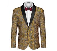 COOFANDY Mens Floral Tuxedo Jacket Paisley Shawl Lapel Suit Blazer Jacket for Dinner,Prom,Wedding, Golden Yellow, 3XL