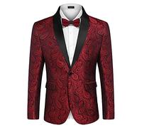 Coofandy Mens Floral Tuxedo Jacket Paisley Shawl Lapel Suit Blazer Jacket for Dinner,Prom,Wedding, Red, XXL
