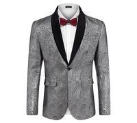COOFANDY Mens Floral Tuxedo Jacket Paisley Shawl Lapel Suit Blazer Jacket for Dinner,Prom,Wedding, Silver, L