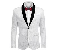 COOFANDY Mens Floral Tuxedo Jacket Paisley Shawl Lapel Suit Blazer Jacket for Dinner,Prom,Wedding, White, XL