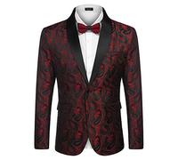 COOFANDY Mens Floral Tuxedo Jacket Paisley Shawl Lapel Suit Blazer Jacket for Dinner,Prom,Wedding, Wine Red, L