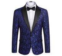 COOFANDY Mens Floral Tuxedo One Button Luxury Shiny Blazer Dinner Party Prom Wedding Suit Jacket, 1 - Blue, M