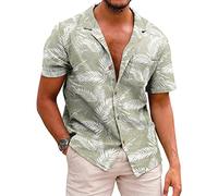 Coofandy Men's Hawaiian Floral Shirts Cotton Linen Button Down Tropical Holiday Beach Shirts, B- Palm Leaf, Medium