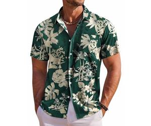 COOFANDY Men's Hawaiian Shirt Short Sleeve Floral Button Down Shirts Tropical Holiday Beach Shirts, Green - Palm Tree, 5XL Big Tall