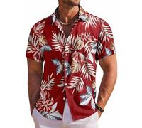 COOFANDY Men's Hawaiian Shirt Short Sleeve Floral Button Down Shirts Tropical Holiday Beach Shirts, Red - Tropical Leaf, XXXXXL