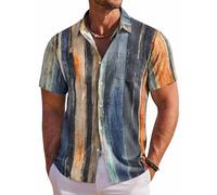 COOFANDY Men's Hawaiian Shirt Short Sleeve Floral Button Down Shirts Tropical Holiday Beach Shirts, Striped - Oil Painting, XL