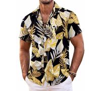 COOFANDY Mens Hawaiian Shirt Short Sleeve Floral Button Down Shirts Tropical Summer Beach Shirts Camp Collar Shirt, Black- Palm Leaf, XL