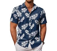 COOFANDY Mens Hawaiian Shirts Short Sleeve Button Down Aloha Shirt Casual Beach Clothes, Dark Blue Palm Leaves, XXL