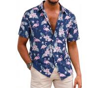 COOFANDY Mens Hawaiian Shirts Short Sleeve Casual Button Down Tropical Holiday Beach Shirts Summer Shirts Floral Short Sleeve Smart Shirt Flamingo-Blue and Pink L