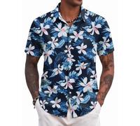 COOFANDY Mens Hawaiian Shirts Summer Short Sleeved Casual Shirt Beach Tropical Flower Shirts for Men Holiday Shirt Navy Blue & Lily L
