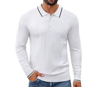 COOFANDY Mens Jumper Polo Shirts Long Sleeve Knitted Golf Work Jumpers Slim Fit Warm Winter Sweaters Tops Smart Casual Designer White XL