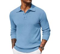 COOFANDY Mens Knit Polo Shirts Long Sleeve Casual Polo Sweaters Shirt Waffle Textured Collared Sweater, Light Blue, XL
