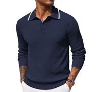 Coofandy Mens Knit Polo Shirts Long Sleeve Casual Polo Sweaters Shirt Waffle Textured Collared Sweater, Dark Blue White Striped, XL