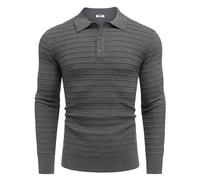 COOFANDY Mens Knit Polo Shirts Long Sleeve Casual Polo Sweaters Shirt Waffle Textured Collared Sweater, Gray Textured Stripes-1, S