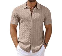 COOFANDY Men's Knit Short Sleeve Shirts Button Down Vintage Knitted Polo Shirt Casual Beach Crochet Cable Vacation Shirt, Khaki, S