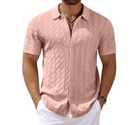 COOFANDY Men's Knit Short Sleeve Shirts Button Down Vintage Knitted Polo Shirt Casual Beach Crochet Cable Vacation Shirt, Lotus Root Pink, S